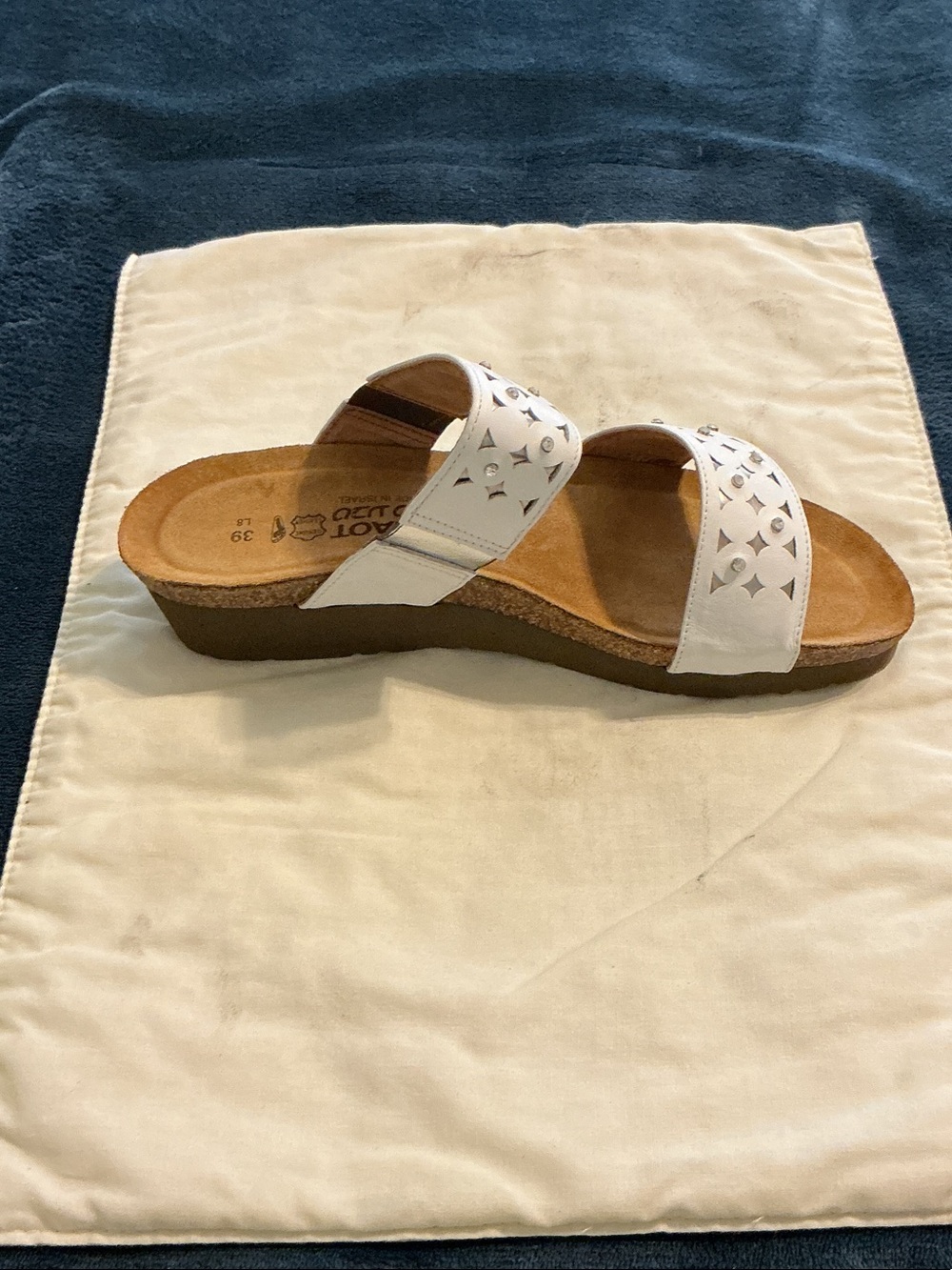 Naot White Double-Strap Laser-Cut Slide Sandal